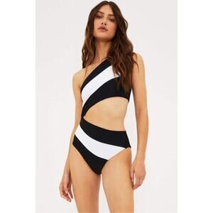 Beach Riot Joyce One Shoulder One Piece Swimsuits Striped Black White